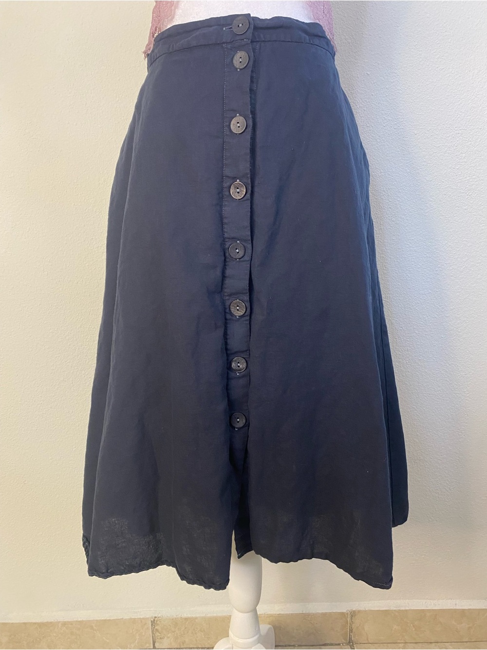 Navy Button Front A-line Linen Blend Skirt XS Pockets Midi Dark Academia Minimal